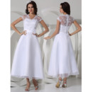 Modest A-Line Illusion Neckline Tea Length Satin Organza Wedding Dress