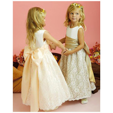 Cheap A-line Round-neck Ankle-length Satin Lace Flower Girl Dress