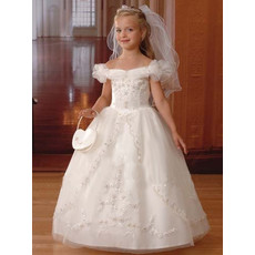 Girls Pretty White Puff Sleeves First Communion Dress/ Tulle Bubble Skirt Flower Girl Dress