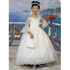 Classic Princess Ball Gown Long Sleeves Satin First Holy Communion Dress