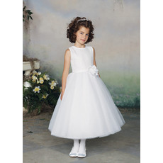 Little Girls Lovely A-Line Tea Length Round Satin First Communion Dress with 3D Flowers