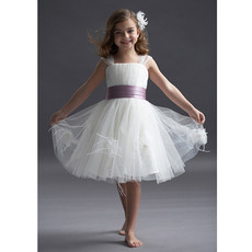 Pretty Ball Gown Square Sleeveless Flower Girl Dress/ Knee Length Satin Tulle Girl Dress