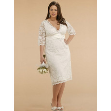 Custom Designer V-Neck Knee Length Lace Plus Size Wedding Dress with Sleeves