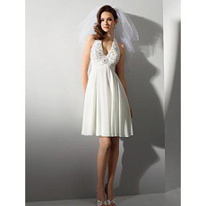 Designer Empire Halter Knee Length Short Chiffon Beach Wedding Dress/ Casual Reception Wedding Gown