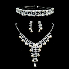 Crystal and Pearl Earring Necklace Tiara Set Wedding Bridal Jewelry Collection