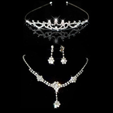 Inexpensive Crystal Earring Necklace Tiara Set Wedding Bridal Jewelry Collection