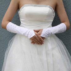Beautiful Elastic Satin Elbow Wedding Gloves with Beading for Bride