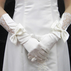 Beautiful Elastic Satin and Lace Elbow Wedding Gloves with Bowknot for Bride