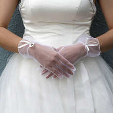 Beautiful Tulle Wrist Wedding Gloves with Ribbon and Beading for Bride