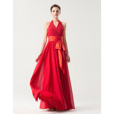 Romantic Empire Halter V-neck Floor Length Pleated Chiffon Bridesmaid Dress with Belt