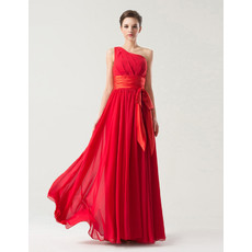 Simple One Shoulder Floor Length Red Chiffon Bridesmaid Dress