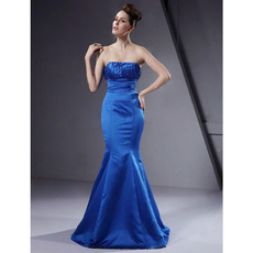 Vintage Mermaid Strapless Floor Length Blue Satin Bridesmaid Dress