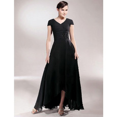 Classy A-Line V-Neck High Low Black Chiffon Prom Evening Dress for Women