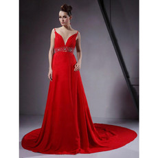Sexy A-Line Chapel Train Red Chiffon Prom Evening Dress for Women