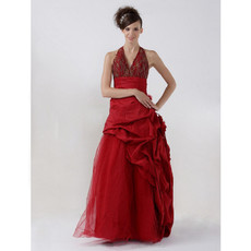 Retro A-Line Floor Length Taffeta Halter Prom Evening Dress for Women