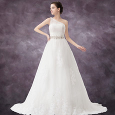 Classic A-Line One Shoulder Chapel Train Wedding Dress