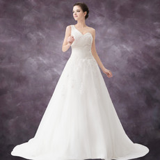 Elegant A-Line One Shoulder Court Train Organza Wedding Dress