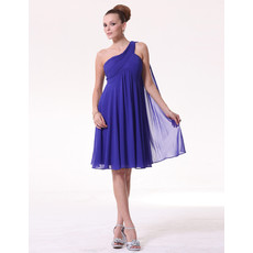 Amazing Empire One Shoulder Short Blue Chiffon Bridesmaid Dress for Maid of honour
