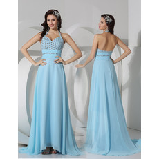 Sheath Halter Long Light Blue Chiffon Evening Prom Dress for Women