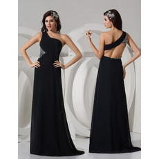 Sexy Sheath One Shoulder Floor Length Satin Black Prom Evening Dress