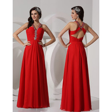 Elegant Sheath V-Neck Long Red Chiffon Prom Evening Dress for Women