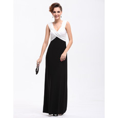 Women's Affordable Black and White V-Neck Sheath Satin Long Prom Evening Dress for Sale