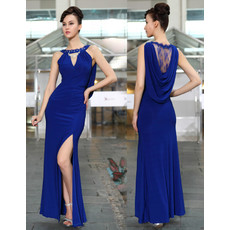 Cheap Classy Sexy Sheath/ Column Chiffon Split Blue Long Formal Evening Wear Dress