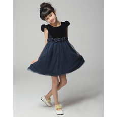 A-Line Round/ Scoop Short Satin Blue Flower Girl Pageant/ Party Dress