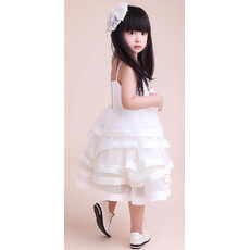 A-Line Knee Length Satin Tiered Flower Girl Party Dress for Wedding