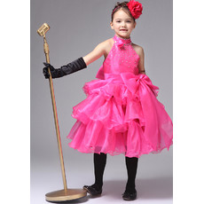 Kids Princess A-Line High-Neck Knee Length Satin Girl Pageant Party Dress