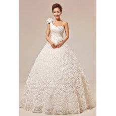 Custom Chic One Shoulder Floral Ball Gown Floor Length Satin Wedding Dress