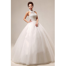 Affordable Chic Halter Beaded Ball Gown Floor Length Satin Wedding Dress