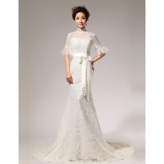 Discount Modern Mermaid Lace Mandarin Collar Short Sleeves Wedding Dress