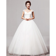 Modern V-Neck Cap Sleeves Ball Gown Long Satin Dress for Spring Wedding