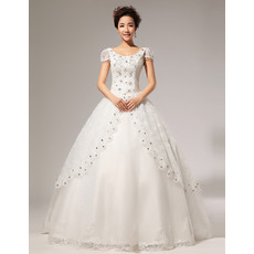 Custom Amazing Cap Sleeves Ball Gown Scoop Floor Length Satin Wedding Dress