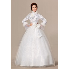 Cheap Modern Long Sleeves High-Neck Ball Gown Floor Length Satin Wedding Dress