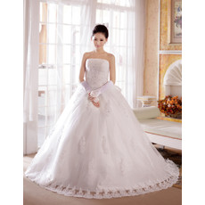 Custom Gorgeous Elegant A-Line Strapless Chapel Train Organza Wedding Dress