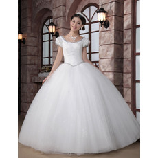 Custom Modern Cap Sleeves Ball Gown Scoop Floor Length Organza Wedding Dress