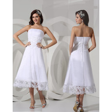 Simple A-Line Strapless Satin Tea Length Wedding Dress