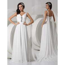 Simple Elegant A-Line V-Neck Floor Length Pleated Chiffon Beach Wedding Dress