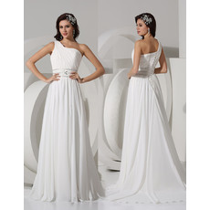 Elegant A-Line One Shoulder Sweep Train Chiffon Beach Wedding Dress