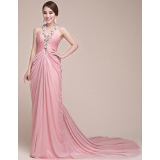 Sexy Elegant Chiffon V-Neck Long Court Train Sheath Prom Evening Dress for Women