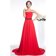 Classic A-Line Strapless Chiffon Court Train Prom Evening Dress for Women