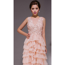 Stunning Tiered Skirt V-Neck Chiffon Sheath Sweep Train Formal Evening Dress