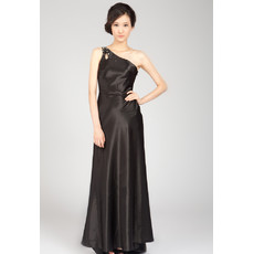 One Shoulder Black Satin Sweep Train Formal Evening Dress for Women