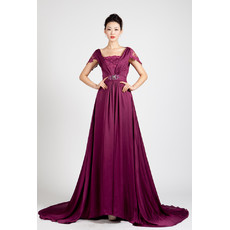 Beautiful Cap Sleeves Chiffon Sweep Train A-Line Prom Evening Dress for Women