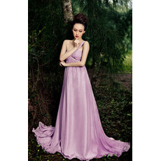 Elegant One Shoulder High Waist Chiffon Empire Floor Length Evening Dress for Women