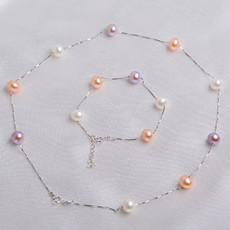 Multicolor 8mm Freshwater Off-Round Bridal Pearl Bracelet and Necklace