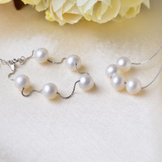 Beautiful White 8mm Freshwater Round Bridal Pearl Bracelet and Necklace Set