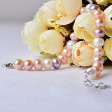 Affordable Multi Color 7-8mm Freshwater Natural Off-Round Bridal Pearl Bracelets